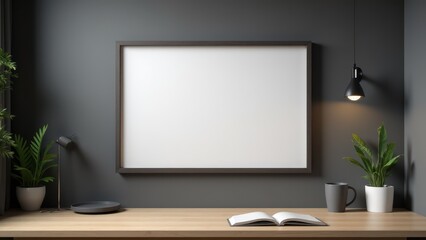 A modern workspace with a blank whiteboard, plants, and an open book on a wooden desk.