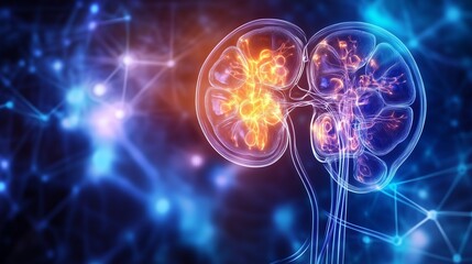 Glowing kidneys with intricate vascular networks set against a vibrant blue and orange cosmic background