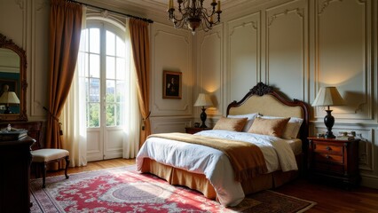 Victorian bedroom with elegant decor, featuring a large bed, ornate chandelier, and classic furniture.