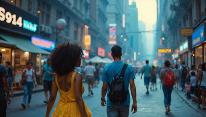 Couple Strolling Through Vibrant City Street at Dusk