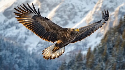 Obraz premium White-tailed eagle soaring, snowy mountains, winter, wildlife, nature photography