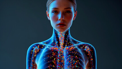 Anatomie des Menschen im Kontext zu Mikroplastik. Transparente Haut, um innere Organe sichtbar zu machen.