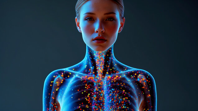 Anatomie des Menschen im Kontext zu Mikroplastik. Transparente Haut, um innere Organe sichtbar zu machen.