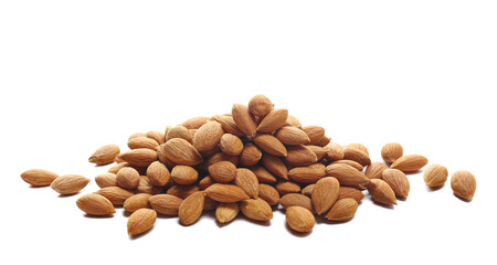 Apricot kernels pile isolated on white background, side view