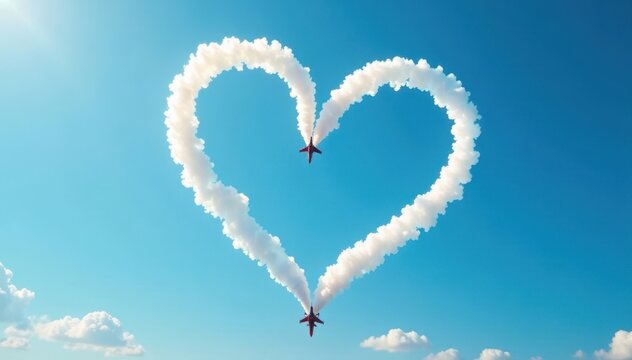 Two jets trace a large heart shape in a clear blue sky , formation, precision