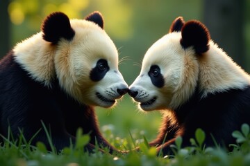 Obraz premium Two large panda heads gazing at each other, intimate scene , romance, friendship