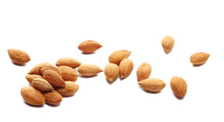 Close up apricot kernels isolated on white background, side view