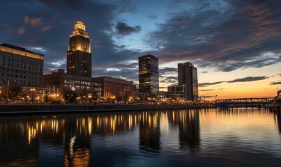 Naklejka premium Downtown skyline at sunset reflecting on calm water.