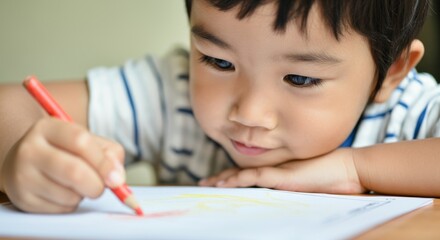 A young boy is drawing with a red crayon