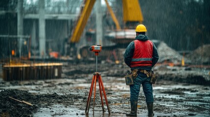 Surveyor Holding a Surveying Rod Steady in a Muddy Construction Site Amidst Rain