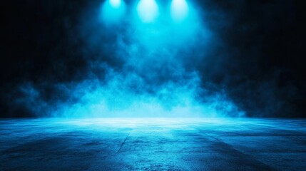 Blue Spotlight on Empty Stage - Dramatic image of three blue spotlights illuminating a smoky, empty stage with a concrete floor. Perfect for presentations or moody backgrounds.