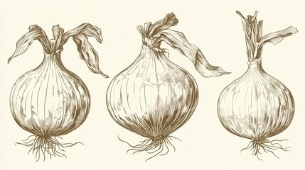 Vintage Style Onion Illustrations - Detailed Botanical Sketches of Culinary Vegetables