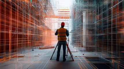 Surveyor on Scaffold Using Laser Scanner to Map Partially Completed Building