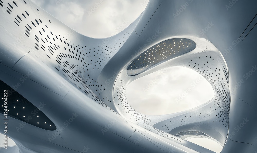 Poster futuristic abstract art showcasing interconnected shapes and structures, emphasizing modern design a