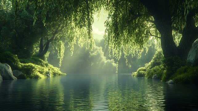 A tranquil riverbank with willows dipping their branches into the water and the sound of a gentle breeze