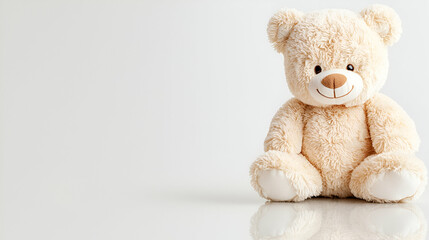 Fototapeta premium Beige teddy bear sits on white background. Perfect for children's products