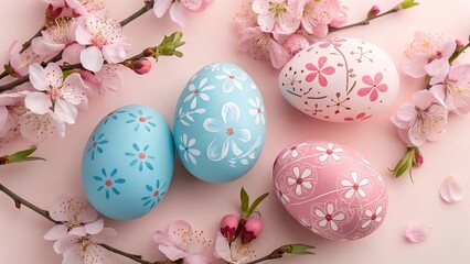 Fototapeta premium A colorful assortment of blue and pink Easter eggs adorned with delicate pink flowers, symbolizing spring and renewal during the festive season. 