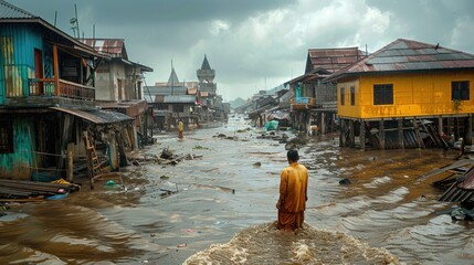 Extreme weather: flooding event, rapid submersion, strong downpour, ocean surge, natural anomaly, destructive storm, fierce cyclone, devastating typhoon, massive hurricane, major disaster.