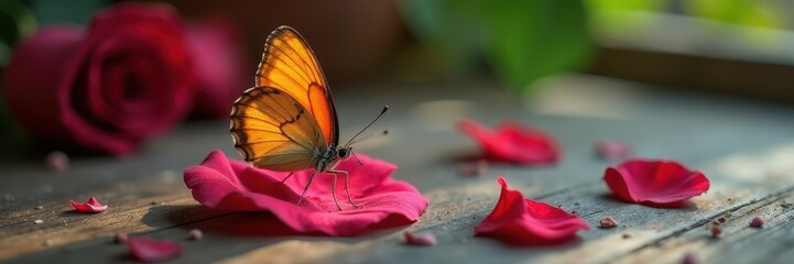 Obraz premium A delicate butterfly perched on a single rose petal on a desk top, desk, still life