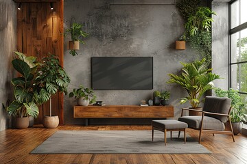 Wall mounted tv and wooden cabinet with gray armchair in modern living room the concrete wall Bright color ultra realistic