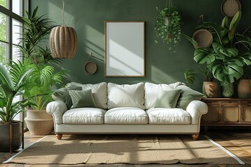 Warm and Cozy Composition of spring living room interior with mock-up poster frame wooden sideboard white sofa green stand base with leaves plants and stylish lamp