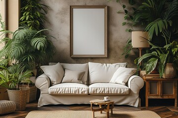 Warm and Cozy Composition of spring living room interior with mock-up poster frame wooden sideboard white sofa green stand base with leaves plants and stylish lamp