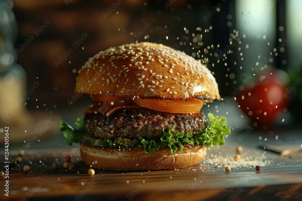 Poster juicy hamburger with sesame seeds falling on wooden table with spices, creating a dynamic and appeti