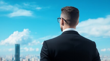 Businessman Vision: Future Cityscape - A businessman looks towards a city skyline, symbolizing ambition, success, progress, future planning, and strategic vision.