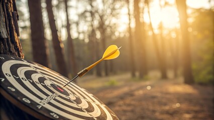 Yellow dart strikes a bullseye on a wooden dartboard against a blurred forest background, captured in selective focus with golden sunlight creating a warm vintage atmosphere. 
