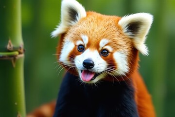 Obraz premium Adorable red panda, tongue out, enjoying bamboo , small, endangered