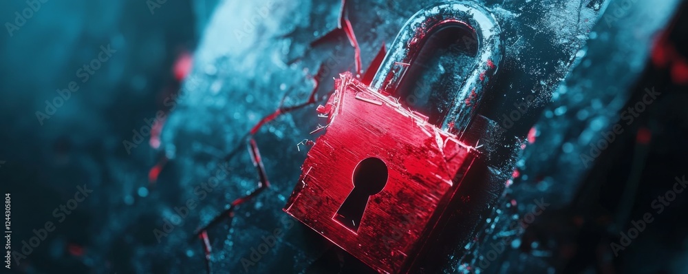 Poster hacker attack, security breach, system hacked alert with red broken padlock , cybersecurity concept
