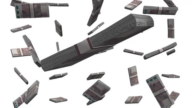 Cambodian Riel Falling Animation Stacks Of Money on White Background