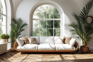 White minimalist living room interior with sofa on a wooden floor decor on a large wall white landscape in window Home nordic interior illustration hyper realism photo realism photo realistic