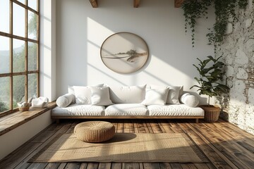 White minimalist living room interior with sofa on a wooden floor decor on a large wall white landscape in window Home Nordic interior | Scandinavian interior poster mock up