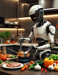 Robotic chef preparing a meal in a modern kitchen with fresh vegetables and ingredients