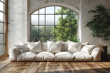 White minimalist living room interior with sofa on a wooden floor decor on a large wall white landscape in window Home nordic interior illustration hyper realism photo realism photo realistic