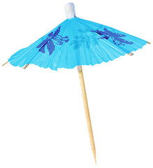 Light blue cocktail umbrella with floral prints isolated on transparent background. Ideal for drink...