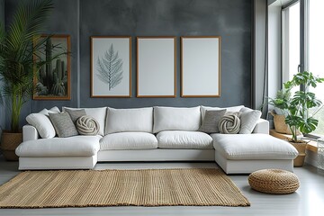 White sofa and posters frames on gray wall Interior design of modern living room