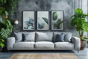 White sofa and posters frames on gray wall Interior design of modern living room