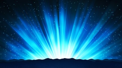Celestial Blue Rays Over Silhouette Hills - Hope, serenity, awakening, energy, and cosmic power symbolized by bright blue light rays emerging from behind dark hills at night.