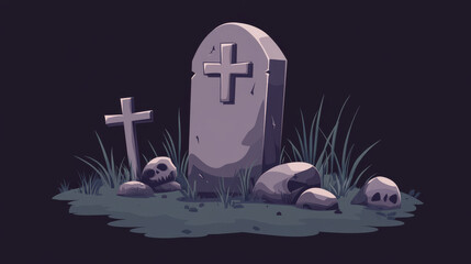 Tombstone with cross cartoon icon, grave stone isolated Halloween symbol. Vector cemetery and graveyard sign, headstone, burial tombstone with cross. Mystery cemetery and graveyard object, old tomb