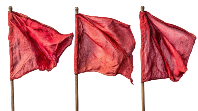Waving red flags outdoor setting windy environment isolated on transparent background