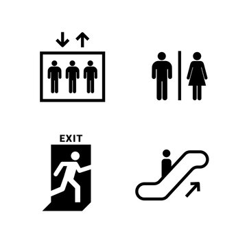 Set of Public Facility Icons Elevator, Restroom, Exit, and Escalator minimal symbols icon