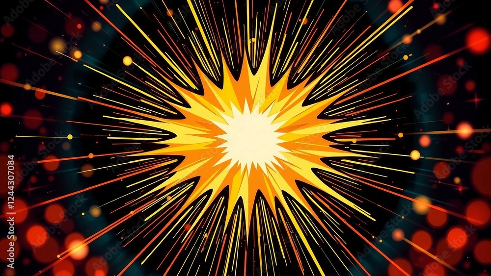 Poster retro comic-style explosion design with colorful rays and a dynamic pop-art background