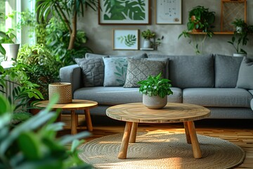 Wooden tables in front of grey sofa with cushions in scandi living room interior with plant Real photo