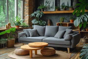 Wooden tables in front of grey sofa with cushions in scandi living room interior with plant Real photo