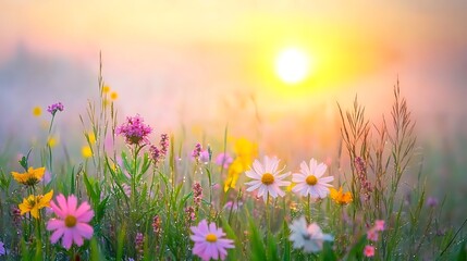Obraz premium A tranquil sunrise over a foggy meadow, with dew-covered grass and wildflowers