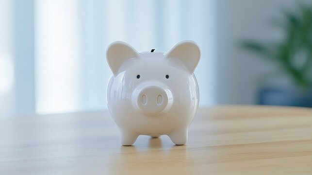 Ceramic Piggy Bank Savings on Wooden Table - A white ceramic piggy bank sits on a light wooden table, symbolizing saving, financial security, future planning, prosperity, and wise money management.