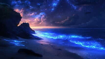 Naklejka premium Night Sky Beach Scene With Glowing Waves