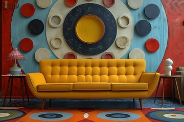Yellow loveseat sofa and side tables against of colorful circle patterned wall Mid century interior design of modern living room Created with